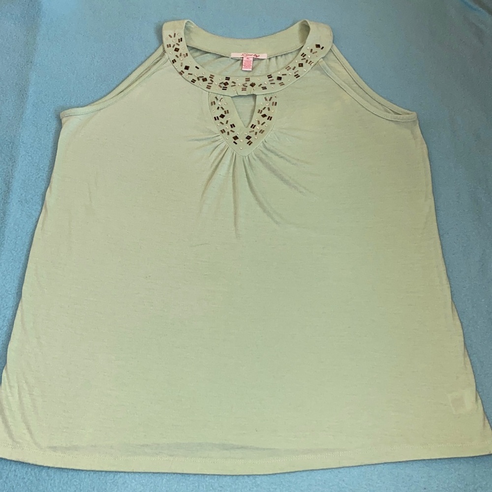LENA embellished beaded gathered cut out mint green tank top sleeveless size XL